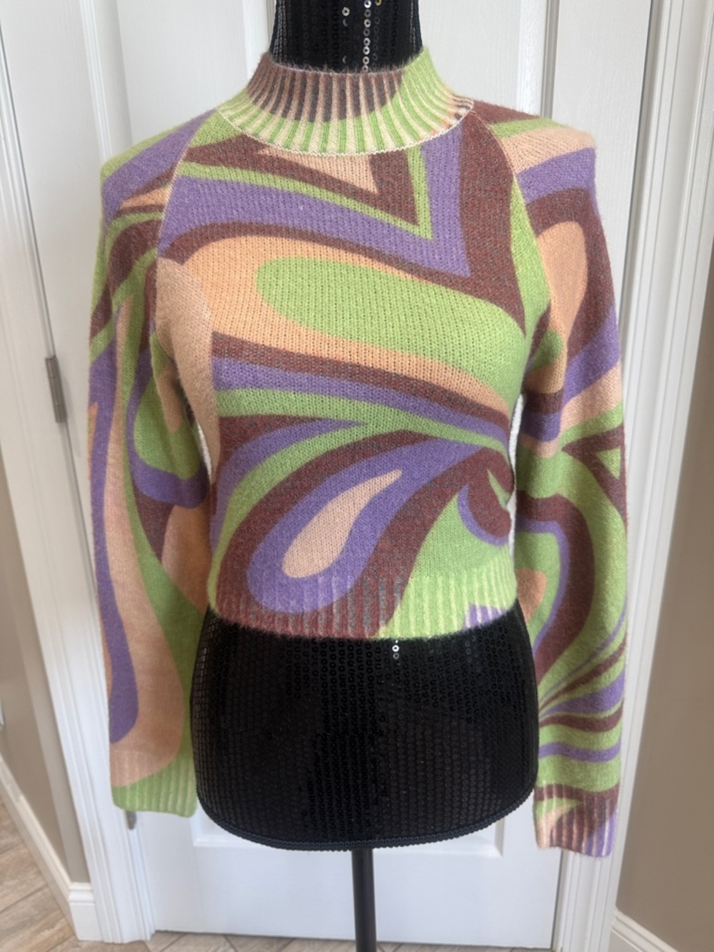 Urban Outfitters Retro Cowl-Neck Sweater in Green, Purple & Brown